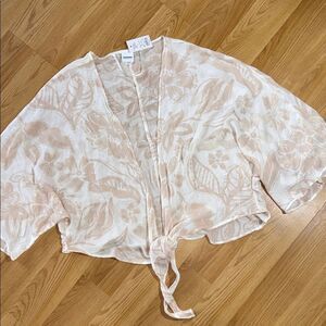 NWT Sonoma Goods For Life Washed Tie Front Topper Kimono Small White Tan OS